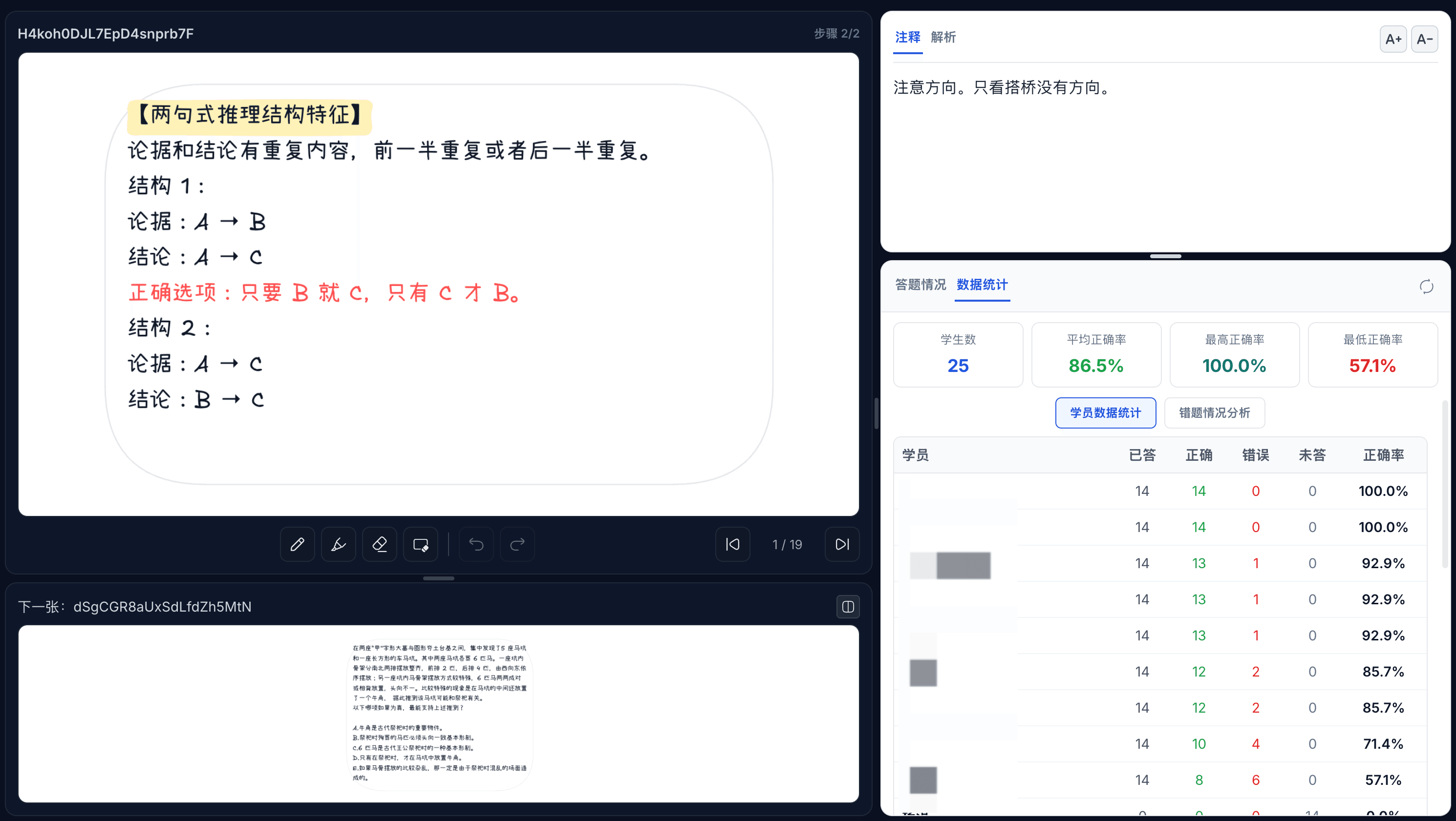 课堂全班答题页面，展示每位学生的完成进度、正确率和作答情况