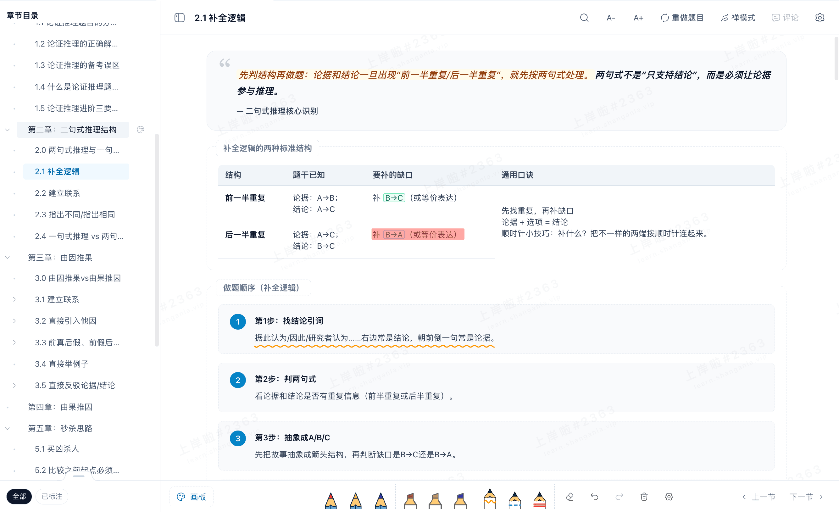 名师笔记页面，展示课程目录、讲解内容和画布批注工具