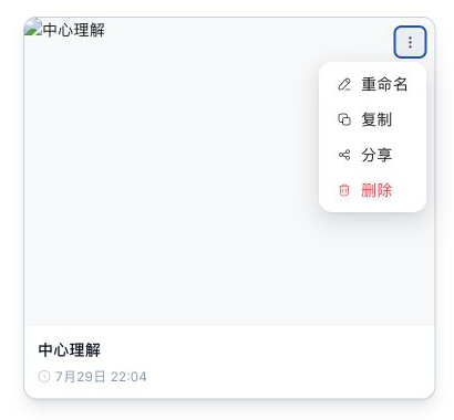 脑图卡片更多菜单，包含重命名、复制、分享和删除