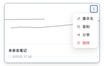 笔记卡片更多菜单，包含重命名、复制、分享和删除
